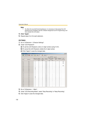 Page 132Subscriber’s Manual
132
Note
 To utilize the Live Call Screening features, it is necessary to first assign the LCS 
Password and LCS Button (see A3.12 Button Assignment via PC Programming), and 
then activate the LCS status.
4.Click Apply.
5.Repeat steps 2 to 4 for each extension.
KX-TA824
1.Go to 2.Extension - 2.Feature Settings.
2.Under LCS Password:
a)To set the LCS Password, enter a 3–digit number (using 0–9).
b)To cancel the LCS Password, delete the 3–digit number.
c)Click Apply to save the changed...