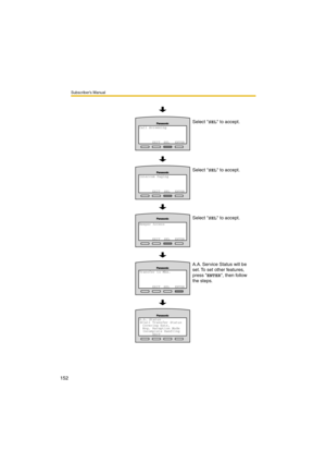 Page 152Subscriber’s Manual
152
Intercom Paging
EXIT  SEL ENTER
Beeper Access
EXIT  SEL ENTER
Transfer to Mbx.
EXIT SEL ENTER
A.A. Service Status will be 
set. To set other features, 
press ENTER, then follow 
the steps.Select SEL to accept. Select SEL to accept.
A.A. Status
Call Transfer Status
Covering Extn.
Msg. Reception Mode
Incomplete Handling
EXIT
Call Screening
     EXIT SEL ENTERSelect SEL to accept. 