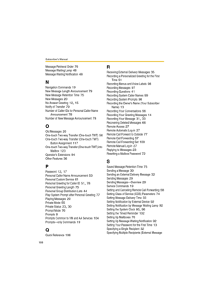 Page 168Subscriber’s Manual
168
Message Retrieval Order 76
Message Waiting Lamp 48
Message Waiting Notification 48
N
Navigation Commands 19
New Message Length Announcement 79
New Message Retention Time 75
New Messages 20
No Answer Greeting 12, 15
Notify of Transfer 79
Number of Caller IDs for Personal Caller Name 
Announcement
 78
Number of New Message Announcement 78
O
Old Messages 20
One-touch Two-way Transfer (One-touch TWT) 56
One-touch Two-way Transfer (One-touch TWT) 
Button Assignment
 117
One-touch...