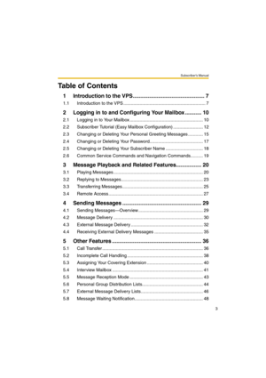 Page 3Subscriber’s Manual
3
Table of Contents
1 Introduction to the VPS................................................ 7
1.1 Introduction to the VPS .................................................................. 7
2 Logging in to and Configuring Your Mailbox ........... 10
2.1 Logging in to Your Mailbox ........................................................... 10
2.2 Subscriber Tutorial (Easy Mailbox Configuration) ........................ 12
2.3 Changing or Deleting Your Personal Greeting Messages...