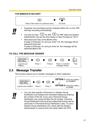 Page 17Subscriber’s Guide
17
FOR IMMEDIATE DELIVERY
TO CALL THE MESSAGE SENDER
2.3 Message Transfer
This function allows you to transfer messages to other mailboxes.If paused, the recording must be restarted within 20 s or the VPS 
will stop recording automatically.
You will not hear   for AM,   for PM when the System 
Administrator has set the time stamp of User Prompts as 24-h.
Note about the Day of the Month entry:
If today is February 16, and you enter 17#, the message will be 
delivered tomorrow. 
If...