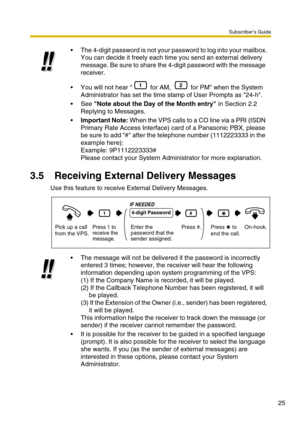 Page 25Subscriber’s Guide
25
3.5 Receiving External Delivery Messages
Use this feature to receive External Delivery Messages.The 4-digit password is not your password to log into your mailbox.
You can decide it freely each time you send an external delivery 
message. Be sure to share the 4-digit password with the message 
receiver.
You will not hear   for AM,   for PM when the System 
Administrator has set the time stamp of User Prompts as 24-h.
See Note about the Day of the Month entry in Section 2.2...