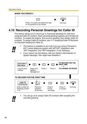 Page 36Subscriber’s Guide
36
WHEN YOU PRESS 3
4.10 Recording Personal Greetings for Caller ID
This feature allows you to record up to 4 personal greetings for calls from 
assigned Caller ID numbers. Each personal greeting supports up to 8 Caller ID 
numbers. To enable this feature, first record a greeting, then assign Caller ID 
numbers. To assign Caller ID numbers, see 4.11 Assigning Caller ID Numbers 
for Personal Greeting for Caller ID.
This feature is available to you only if you are using a Panasonic...