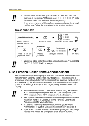 Page 38Subscriber’s Guide
38
TO ADD OR DELETE
4.12 Personal Caller Name Announcement
This feature allows you to assign up to 30 Caller ID numbers and record a caller 
name for each Caller ID number from your telephone. The caller name is 
announced when: (1) you listen to the messages from assigned numbers left in 
your mailbox, (2) the VPS transfers the calls from assigned numbers to you 
(Caller ID Screening), and (3) the VPS pages you by intercom (Intercom 
Paging). For the Caller ID Number, you can use...
