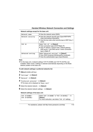 Page 113Handset Wireless Network Connection and Settings
For assistance, please visit http://www.panasonic.com/help113
Network settings except for the base unit:
Note:
LFor the base unit, 2 network settings TCP IP (HOME) and TCP IP (HOTEL) are 
available. Either of the 2 settings is selected automatically depending on the Mode 
selector position of the base unit.
To edit network settings in preferred networks list:
1{Menu} (middle soft key)
2“Settings” i {Select}
3“Network” i {Select}
4“Preferred networks” i...