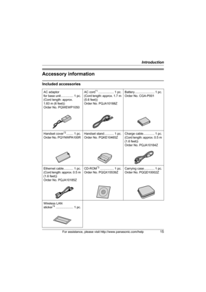 Page 15Introduction
For assistance, please visit http://www.panasonic.com/help15
Accessory information
Included accessories
AC adaptor 
for base unit .............. 1 pc.
(Cord length: approx. 
1.83 m (6 feet))
Order No. PQWEWP1050AC cord*1.................. 1 pc.
(Cord length: approx. 1.7 m 
(5.6 feet))
Order No. PQJA10188ZBattery....................... 1 pc.
Order No. CGA-P001
Handset cover
*2........ 1 pc.
Order No. PQYNWPA100R Handset stand ........... 1 pc.
Order No. PQKE10465ZCharge cable............. 1...