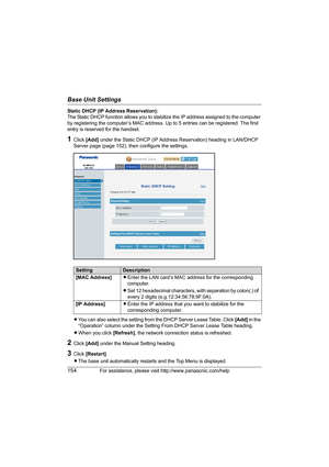 Page 154Base Unit Settings
154For assistance, please visit http://www.panasonic.com/help
Static DHCP (IP Address Reservation):
The Static DHCP function allows you to stabilize the IP address assigned to the computer 
by registering the computer’s MAC address. Up to 5 entries can be registered. The first 
entry is reserved for the handset.
1Click [Add] under the Static DHCP (IP Address Reservation) heading in LAN/DHCP 
Server page (page 152), then configure the settings.
LYou can also select the setting from the...