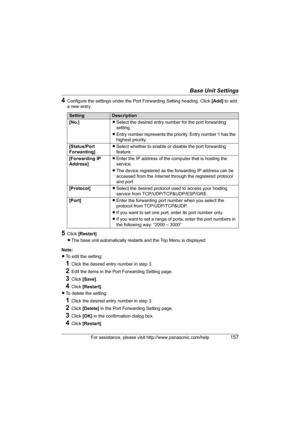 Page 157Base Unit Settings
For assistance, please visit http://www.panasonic.com/help157
4Configure the settings under the Port Forwarding Setting heading. Click [Add] to add 
a new entry.
5Click [Restart].
LThe base unit automatically restarts and the Top Menu is displayed.
Note:
LTo edit the setting:
1Click the desired entry number in step 3.
2Edit the items in the Port Forwarding Setting page.
3Click [Save].
4Click [Restart].
LTo delete the setting:
1Click the desired entry number in step 3.
2Click [Delete]...