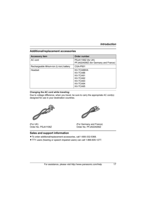 Page 17Introduction
For assistance, please visit http://www.panasonic.com/help17
Additional/replacement accessories
Changing the AC cord while traveling:
Due to voltage difference, when you travel, be sure to carry the appropriate AC cord(s) 
designed for use in your destination countries.
Sales and support information
LTo order additional/replacement accessories, call 1-800-332-5368.
LTTY users (hearing or speech impaired users) can call 1-866-605-1277.
Accessory itemOrder number
AC cord PSJA1106Z (for UK)...