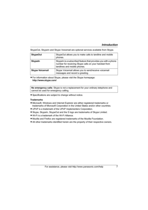 Page 7Introduction
For assistance, please visit http://www.panasonic.com/help7
SkypeOut, SkypeIn and Skype Voicemail are optional services available from Skype.
LFor information about Skype, please visit the Skype homepage:
http://www.skype.com/
LSpecifications are subject to change without notice.
Trademarks
LMicrosoft, Windows and Internet Explorer are either registered trademarks or 
trademarks of Microsoft Corporation in the United States and/or other countries.
LUPnP is a trademark of the UPnP...