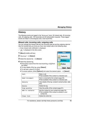 Page 95Managing History
For assistance, please visit http://www.panasonic.com/help95
History
The following events are logged in the “History” menu: 50 missed calls, 20 incoming 
calls, 20 outgoing calls, 100 voicemails and 20 authorization requests. These logged 
events are listed in chronological order, most recent first. 
Missed calls, incoming calls, outgoing calls
You can manage the missed calls list, the incoming calls list and the outgoing calls list.
Also the handset lets you know you have new missed...