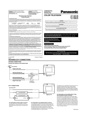 Page 1Incoming CATV
This television has an extended tuning range and can tune
most cable channels without using a cable company
supplied converter box. Some cable companies offer
premium pay channels in which the signal is scrambled.
Descrambling these signals for normal viewing requires the
use of a descrambler device which is generally provided by
the cable company.
ANTENNA/CATV CONNECTIONS
ANT.
Single 75 ohm cable from Antenna
300 ohm twin-lead wire300-75 OHM MATCHING
TRANSFORMER
(not supplied)
COMBINER...