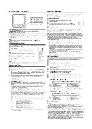 Page 31. EPJ (Earphone) Jack - Plug an earphone or monaural headphones with an 1/8 miniplug into
this jack for private listening.
2. Remote Sensor - Signals from the Remote Control unit are received here.
3. POWER - Press to turn the TV on or off.
4. VOLUME 
 /  - Press to raise or lower the level of the sound. And also, press to select the
desired setting during On-Screen operations.
5. CHANNEL s / t - Press to select a higher or lower numbered channel set into memory. And
also, press to select the desired...