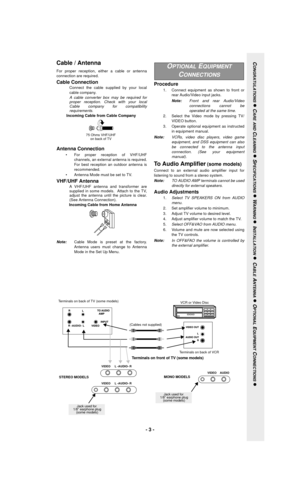 Page 3- 3 -Procedure
1. Connect equipment as shown to front or
rear Audio/Video input jacks.
Note:Front and rear Audio/Video
connections cannot be
operated at the same time. 
2. Select the Video mode by pressing TV/
VIDEO button.
3. Operate optional equipment as instructed
in equipment manual.
Note:VCRs, video disc players, video game
equipment, and DSS equipment can also
be connected to the antenna input
connection. (See your equipment
manual).
To Audio Amplifier (some models)  
Connect to an external audio...