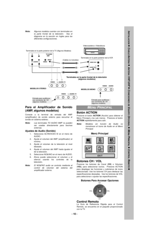 Page 10- 10 -
Botón ACTION
Presione el botón ACTION (Acción) para obtener el
Menú Principal y los sub menús.  Presione el botón
ACTION repetidamente para salir.
Nota:Modelos sin función de Audio no
monstraran el Icono de Audio en el Menú
Principal.
Botones CH / VOL
Presione los botones de Canal (CH) o Volumen
(VOL) para seleccionar iconos.  Presione ACTION
para desplegar las funciones y submenus de icono
seleccionado. Use los botones CH para destacar las
especificaciones deseadas.  Use los botones de VOL
para...