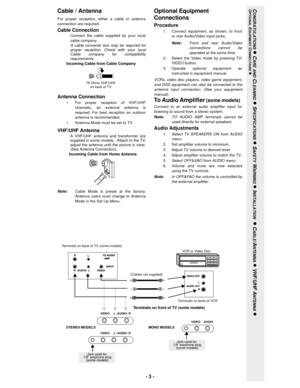 Page 3- 3 -
Optional Equipment 
Connections
Procedure
1. Connect equipment, as shown, to front
or rear Audio/Video input jacks.
Note:Front and rear Audio/Video
connections cannot be
operated at the same time. 
2. Select the Video mode by pressing TV/
VIDEO button.
3. Operate optional equipment as
instructed in equipment manual.
VCRs, video disc players, video game equipment,
and DSS equipment can also be connected to the
antenna input connection. (See your equipment
manual).
To Audio Amplifier (some models)...