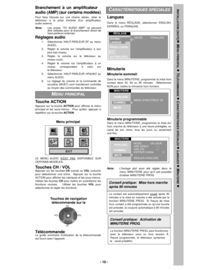 Page 10- 10 -
Branchement à un amplificateur
audio (AMP) (sur certains modèles)
Pour faire lécoute sur une chaîne stéréo, relier le
téléviseur à la prise dentrée dun amplificateur
audio externe.
Nota:Les prises “TO AUDIO AMP” ne peuvent
être utilisées pour le branchement direct de
haut-parleurs externes.
Réglages audio 
1.Sélectionner HAUT-PARLEUR EF au menu
AUDIO.
2. Régler le volume sur lamplificateur à son
plus bas niveau.
3. Régler le volume sur le téléviseur au
niveau voulu.
4. Régler le volume sur...