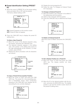 Page 20-20-
●Preset Identification Setting (PRESET
ID)
1.Move the cursor to PRESET ID on the preset setting
menu and select ON or OFF with the joystick.
The factory default setting is OFF.
ON:Preset ID appears on the monitor screen.
OFF:Preset ID does not appear.
2.Press the CAM (SET) key to display the preset ID
setting menu.
To Enter a New Preset ID
(1) Move the cursor to the desired character using
the joystick, and press the CAM (SET) key.
(2) The selected character appears in the editing
area. (The pointer...