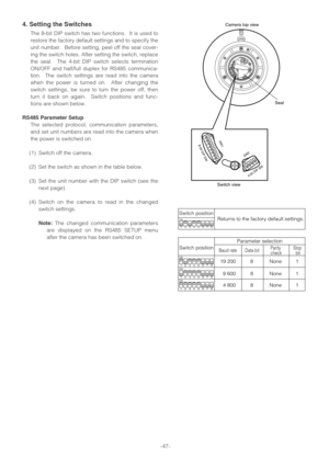 Page 47-47-
4. Setting the Switches
The 8-bit DIP switch has two functions.  It is used to
restore the factory default settings and to specify the
unit number.  Before setting, peel off the seal cover-
ing the switch holes. After setting the switch, replace
the seal.  The 4-bit DIP switch selects termination
ON/OFF and half/full duplex for RS485 communica-
tion.  The switch settings are read into the camera
when the power is turned on.  After changing the
switch settings, be sure to turn the power off, then...