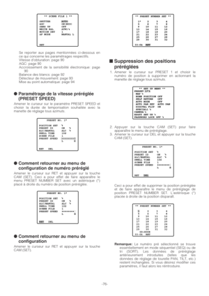 Page 76-76- Se reporter aux pages mentionnées ci-dessous en
ce qui concerne les paramétrages respectifs.
Vitesse d’obturation: page 90
AGC: page 90
Accroissement de la sensibilité électronique: page
90
Balance des blancs: page 92
Détecteur de mouvement: page 93
Mise au point automatique: page 94
● Paramétrage de la vitesse préréglée
(PRESET SPEED)
Amener le curseur sur le paramètre PRESET SPEED et
choisir la durée de temporisation souhaitée avec la
manette de réglage tous azimuts.
● Comment retourner au menu...