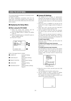 Page 22USING THE SETUP MENU 
This manual describe procedures for operating system
controller WV-CU650. 
All setting configuration procedures start from the
setup menu. This section explains how to display the
setup menu and provides details about the menu items
that it contains. 
■Displaying the Setup Menu 
● When using the WV-CU650
(1) Select the camera (this camera), and the
monitor where displays the setup menu. 
(2) Press the MENU button to display LCD MENU CAM 101. 
(3) Press the ENTER button or CAM (SET)...