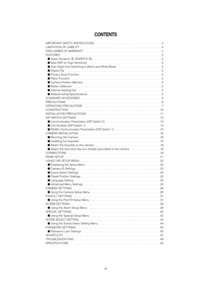 Page 9-9-
CONTENTS
IMPORTANT SAFETY INSTRUCTIONS   . . . . . . . . . . . . . . . . . . . . . . . . . . . . . . . . . . . .\
 . . . . . .3
LIMITATION OF LIABILITY  . . . . . . . . . . . . . . . . . . . . . . . . . . . . . . . . . . . .\
 . . . . . . . . . . . . . . . .4
DISCLAIMER OF WARRANTY  . . . . . . . . . . . . . . . . . . . . . . . . . . . . . . . . . . . .\
 . . . . . . . . . . . . .4
FEATURES  . . . . . . . . . . . . . . . . . . . . . . . . . . . . . . . . . . . .\
 . . . . . . . . . . . . . . . . . ....
