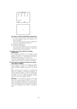 Page 107Pour effacer un motif de compensation d’imperfections(1) Sur l’écran du menu PIX OFF, sélectionnez le motif
que vous souhaitez effacer puis appuyez sur le
bouton CAM (SET). 
Ceci a pour effet d’afficher l’écran de réglage des
motifs de compensation d’imperfections. 
(2) Appuyez sur le bouton F3. 
(3) Le menu PIX OFF s’affiche. 
Ceci a pour effet deffacer le motif de compensation
d’imperfections et enlève l’astérisque (*) placée à la
droite du numéro de motif approprié. 
(4) Réglage des positions définies...