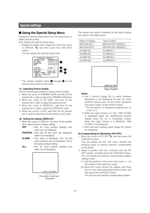 Page 47Special settings
■Using the Special Setup Menu 
Display the special setup menu from the setup menu to
adjust picture quality.  
First, display the special setup menu. 
1. Display the setup menu (page 24), move the cursor
to SPECIAL O, and then press the CAM (SET)
button. 
This will display the special setup menu. 
* This section explains items qthrough ton the
special setup menu in that order. 
(1) Adjusting Picture Quality 
Use the following procedure to adjust picture quality. 
1. Move the cursor to...