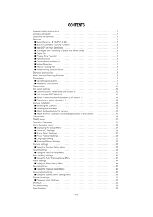 Page 10-10-
CONTENTS
Important safety instructions   . . . . . . . . . . . . . . . . . . . . . . . . . . . . . . . . . . . . . . . . . . . . . . . . . .3
Limitation of liability   . . . . . . . . . . . . . . . . . . . . . . . . . . . . . . . . . . . . . . . . . . . . . . . . . . . . . . . . .4
Disclaimer of warranty   . . . . . . . . . . . . . . . . . . . . . . . . . . . . . . . . . . . . . . . . . . . . . . . . . . . . . . .4
Features   . . . . . . . . . . . . . . . . . . . . . . . . . . . . . . . . . . . . ....