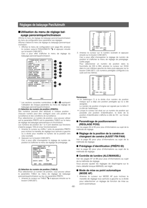 Page 92Réglages de balayage Pan/Azimuth
■Utilisation du menu de réglage bal-
ayage panoramique/inclinaison
Affichez le menu de réglage de balayage panoramique/inclinaison
du menu de configuration pour paramétrer ses réglages. 
Affichez d’abord le menu de réglage du balayage panoramique/
inclinaison.
1. Affichez le menu de configuration (voir page 83), amenez
le curseur jusqu’à PAN/AZIMUTH Oet appuyez ensuite
sur le bouton CAM (SET). 
Ceci a pour effet d’afficher le menu de réglage du
balayage...