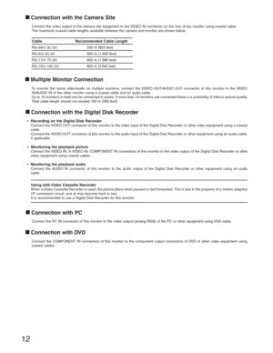 Page 1212
Connection with the Camera Site
Connect the video output of the camera site equipment to the VIDEO IN connector on the rear of the monitor using coaxial cable.
The maximum coaxial cable lengths available between the camera and monitor are shown below.
Multiple Monitor Connection
To monitor the same video/audio on multiple monitors, connect the VIDEO OUT/AUDIO OUT connector of this monitor to the VIDEO 
IN/AUDIO IN of the other monitor using a coaxial cable and an audio cable. 
Up to 10 monitors in...
