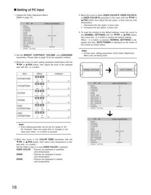 Page 1818
Setting of PC Input
1. Display the Video Adjustment Menu.
  (Refer to page 15)
  1280x1024@60HzBRIGHT 0
CONTRAST 0
H-POSITION 0
V - POSITION  0
CLOCK 0
PHASE 0
COLOR   TEMP  USER  COLOR
USER COLOR   R   20
USER COLOR   G  20
USER COLOR   B  20
OSD  H-POSITION  0
OSD   V-POSITION  0
VOLUME 0
LANGUAGE  ENGLISH 
NORMAL   SETTINGSPC    IN
2. Set  the BRIGHT, CONTRAST, VOLUME, and LANGUAGE 
parameters. Please refer to page 16 for the operation method.
3. Move the cursor to each setting parameter listed...