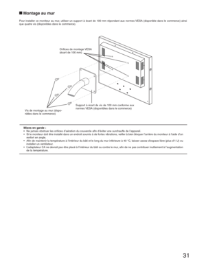 Page 3131
Vis de montage au mur (dispo-
nibles dans le commerce)Orifices de montage VESA 
(écart de 100 mm)
Support à écart de vis de 100 mm conforme aux 
normes VESA (disponibles dans le commerce)
Montage au mur
Pour installer ce moniteur au mur, utiliser un support à écart de 100 mm répondant aux normes VESA (disponible dans le commerce) ainsi 
que quatre vis (disponibles dans le commerce).
Mises en garde :•  Ne jamais obstruer les orifices d’aération du couvercle afin d’éviter une surchauffe de l’appareil.
•...