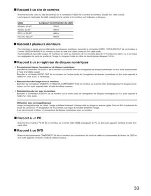 Page 3333
Raccord à un site de caméras
Brancher la sortie vidéo du site de caméras sur le connecteur VIDEO IN à l’arrière du moniteur à l’aide d’un câble coaxial.
Les longueurs maximales du câble coaxial entre la caméra et le moniteur sont indiquées ci-dessous.
Raccord à plusieurs moniteurs
Pour visionner la même source vidéo/audio sur plusieurs moniteurs, raccorder le connecteur VIDEO OUT/AUDIO OUT de ce moniteur à 
l’entrée VIDEO IN/AUDIO IN du moniteur suivant à l’aide d’un câble coaxial et d’un câble audio....