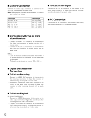 Page 1212
Camera Connection
Connect the video output connector of camera to the
VIDEO IN connector with a coaxial cable. 
Note:Make sure that the cable length between the camera
and monitor is as follows.
Connection with Two or More
Video Monitors
• Connect the VIDEO OUT connector of this monitor to
the video input connector of another monitor with a
coaxial cable.
• Connect the AUDIO OUT connector of this monitor to
the audio input connector of another monitor with an
audio cable.
Notes:
• Up to 10 monitors...