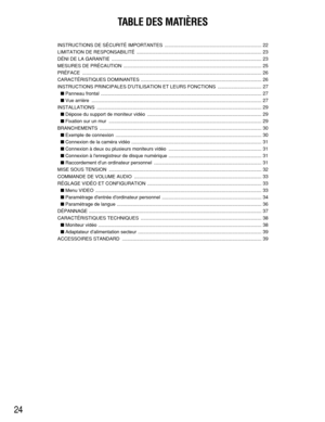 Page 2424
TABLE DES MATIÈRES
INSTRUCTIONS DE SÉCURITÉ IMPORTANTES  ......................................................................... 22
LIMITATION DE RESPONSABILITÉ .............................................................................................. 23
DÉNI DE LA GARANTIE  ................................................................................................................. 23
MESURES DE PRÉCAUTION...