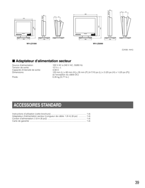 Page 3939
Adaptateur dalimentation secteur
Source d’alimentation: 100 V AC à 240 V AC, 50/60 Hz
Tension de sortie: 12 V c. c.
Capacité dintensité de sortie: 4,58 A
Dimensions: 120 mm (L) x 60 mm (H) x 35 mm (P) {4-7/10 po (L) x 2-2/5 po (H) x 1-2/5 po (P)}
(à lexception du câble DC)
Poids: 0,35 kg {0,77 liv.}
Instructions dutilisation (cette brochure) ........................................................... 1 él.
Adaptateur dalimentation secteur (Longueur de câble: 1,8 m) {6 po}  ............. 1 él.
Cordon...