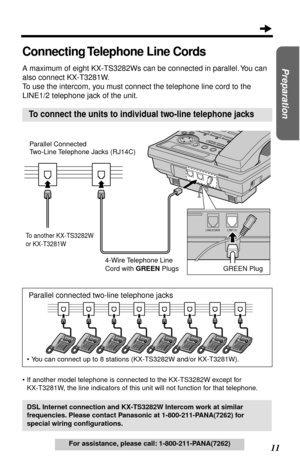 Page 11 
11  
Preparation
 
For assistance, please call: 1-800-211-PANA(7262) 
Connecting Telephone Line Cords 
A maximum of eight KX-TS3282Ws can be connected in parallel. You can 
also connect KX-T3281W.
To use the intercom, you must connect the telephone line cord to the 
LINE1/2 telephone jack of the unit. 
•If another model telephone is connected to the KX-TS3282W except for 
KX-T3281W, the line indicators of this unit will not function for that telephone. 
To connect the units to individual two-line...