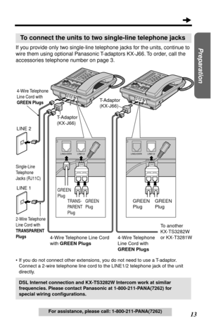 Page 13 
13  
Preparation
 
For assistance, please call: 1-800-211-PANA(7262) 
If you provide only two single-line telephone jacks for the units, continue to 
wire them using optional Panasonic T-adaptors KX-J66. To order, call the 
accessories telephone number on page 3. 
•If you do not connect other extensions, you do not need to use a T-adaptor. 
Connect a 2-wire telephone line cord to the LINE1/2 telephone jack of the unit 
directly. 
To connect the units to two single-line telephone jacks 
DSL Internet...