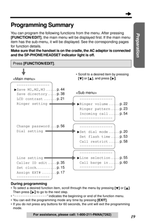 Page 1919
Preparation
For assistance, please call: 1-800-211-PANA(7262)
Programming Summary
You can program the following functions from the menu. After pressing 
[FUNCTION/EDIT], the main menu will be displayed ﬁrst. If the main menu 
item has the sub-menu, it will be displayed. See the corresponding pages 
for function details.
Make sure that the handset is on the cradle, the AC adaptor is connected 
and the SP-PHONE/HEADSET indicator light is off.
During programming
•To select a desired function item, scroll...