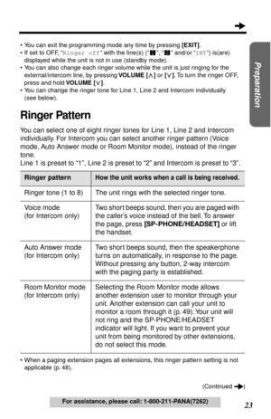 Page 2323
Preparation
For assistance, please call: 1-800-211-PANA(7262)
•
You can exit the programming mode any time by pressing  [EXIT].
• If set to OFF,  “Ringer off ” with the line(s) ( “”, “”  and/or  “INT ”) is(are) 
displayed while the unit is not in use (standby mode).
• You can also change each ringer volume while the unit is just ringing for the 
external/intercom line, by pressing  VOLUME []  or [] . To turn the ringer OFF, 
press and hold  VOLUME [] .
• You can change the ringer tone for Line 1, Line...