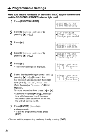 Page 24Programmable Settings
24
Make sure that the handset is on the cradle, the AC adaptor is connected 
and the SP-PHONE/HEADSET indicator light is off.
1Press [FUNCTION/EDIT].
2Scroll to “Ringer setting” by 
pressing [] or [].
3Press [].
4Scroll to “Ringer pattern” by 
pressing [] or [].
5Press [].
•The current settings are displayed.
6Select the desired ringer tone (1 to 8) by 
pressing [] or [] for each line. 
For Intercom you can select the ringer 
tone (1 to 8), “Voice”, “Auto Ans.” 
(Auto Answer) or...