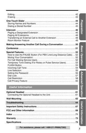 Page 5 
5 
Basic Operation
Useful Information
Advanced Operation Preparation
 
For assistance, please call: 1-800-211-PANA(7262) 
Editing. . . . . . . . . . . . . . . . . . . . . . . . . . . . . . . . . . . . . . . . . . . . . . . . . . . 42
Erasing . . . . . . . . . . . . . . . . . . . . . . . . . . . . . . . . . . . . . . . . . . . . . . . . . . 43 
One-Touch Dialer  . . . . . . . . . . . . . . . . . . . . . . . . . . . . . . . . . . . . . . . . . . 44 
Storing Names and Numbers . . . . . . . . . . . . . . ....