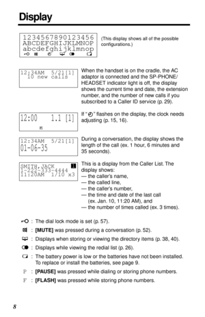 Page 8 
8 
When the handset is on the cradle, the AC 
adaptor is connected and the SP-PHONE/
HEADSET indicator light is off, the display 
shows the current time and date, the extension 
number, and the number of new calls if you 
subscribed to a Caller ID service (p. 29).
If “” ﬂashes on the display, the clock needs 
adjusting (p. 15, 16).
During a conversation, the display shows the 
length of the call (ex. 1 hour, 6 minutes and 
35 seconds).
This is a display from the Caller List. The 
display shows:
—the...