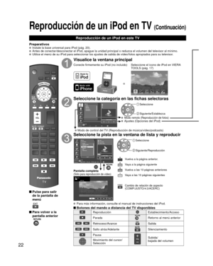 Page 2222
Reproducción de un iPod en TV (Continuación)
Reproducción de un iPod en este TV
Preparativos  Instale la base universal para iPod (pág. 20).  Antes de conectar/desconectar el iPod, apague la unidad principal o redu\
zca el volumen del televisor al mínimo.  Utilice el menú de su iPod para seleccionar los ajustes de salida de \
vídeo/fotos apropiados para su televisor.
 Pulse para salir de la pantalla de 
menú
 Para volver a la pantalla anterior
 
Visualice la ventana principal
Conecte firmemente su...