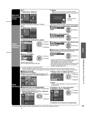 Page 2323
Visión
 Reproducción de un iPod en TV
Modo remoto 
(Reproducción 
de fotos)
En  Opere
 Seleccione “Remoto”Utilice su iPod a través de la pantalla del iPod 
utilizando el control remoto del TV o el propio iPod.
RYGB
MúsicaListas
Artistas
Álbumes
Canciones
Audiolibros
01:02 / 05:23
OKSelecciónSelección
Vídeos
Podcasts
RemotoAjustesMúsica
RETURNCambiará la pantalla al seleccionar “Remoto”.
iPod en operación. Por favor observar la pantalla de su iPod y  utilice el control remoto del TV para...