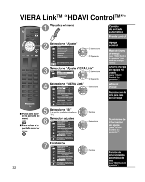 Page 3232
VIERA LinkTM “HDAVI ControlTM”
 Pulse para salir de la pantalla de 
menú
 Para volver a la 
pantalla anterior
Visualice el menú
Seleccione “Ajuste”Menú
Ajusta el Modo de Navegación, Idioma,
Reloj, Canales, Entradas y otros ajustes.
Ajuste 2/2
Ajuste avanzadoAjuste Inicial
Acerca de
Regreso prefijados Ajuste VIERA Link
Eco/ahorro energía
 Seleccione
 Siguiente
Seleccione “Ajuste VIERA Link”Ajuste
Menú 2/2
Ajuste avanzadoAjuste inicial Ajuste VIERA Link
Eco/ahorro energía
 Seleccione
 Siguiente...