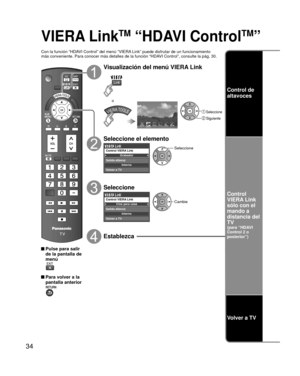 Page 3434
VIERA LinkTM “HDAVI ControlTM”
Con la función “HDAVI Control” del menú “VIERA Link” puede disfrutar de un funcionamiento
más conveniente. Para conocer más detalles de la función “HD\
AVI Control”, consulte la pág. 30.
 Pulse para salir de la pantalla de 
menú
 Para volver a la pantalla anterior
Visualización del menú VIERA Link
VIERA Link
 Seleccione
 Siguiente
o
Seleccione el elemento
Grabador
Interno
Control VIERA Link
Salida altavoz
Volver a TVSeleccione
Seleccione
Cine para casa
Interno
Control...