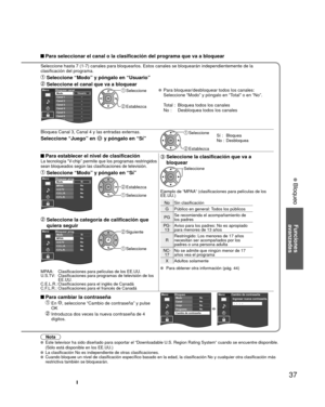 Page 3737
Funciones 
avanzadas
 Bloqueo
Nota  Este televisor ha sido diseñado para soportar el “Downloadable U.S\
. Region Rating System” cuando se encuentre disponible. 
(Sólo está disponible en los EE.UU.)
  La clasificación No es independiente de otras clasificaciones.  Cuando bloquee un nivel de clasificación específico basado en la e\
dad, la clasificación No y cualquier otra clasificación más restrictiva también se bloquearán.
 Para seleccionar el canal o la clasificación del programa que va a bl\
oquear...