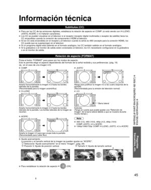 Page 4545
Preguntas
 frecuentes, etc.
 Información técnica
 Lista de clasificaciones para el bloqueo
Información técnica
Subtítulos (CC)
 Para ver los CC de las emisiones digitales, establezca la relación de\
 aspecto en COMP. (si está viendo con H-LLENO, 
JUSTO, ACERC o 4:3 faltarán caracteres).
 Los CC se pueden visualizar en el televisor si el receptor (receptor di\
gital multimedia o receptor de satélite) tiene los 
CC encendidos usando la conexión de componente o HDMI al televisor.
 Si los CC está...